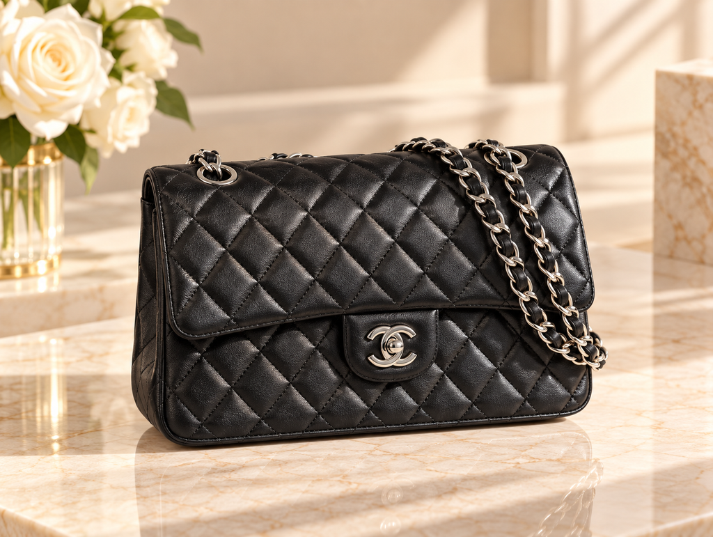 CHANEL Timeless – Cuir lisse noir & métal argenté
